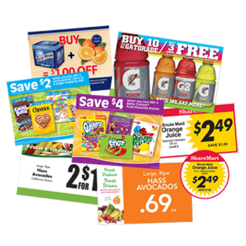 A fan of promotional ad signs and price callouts