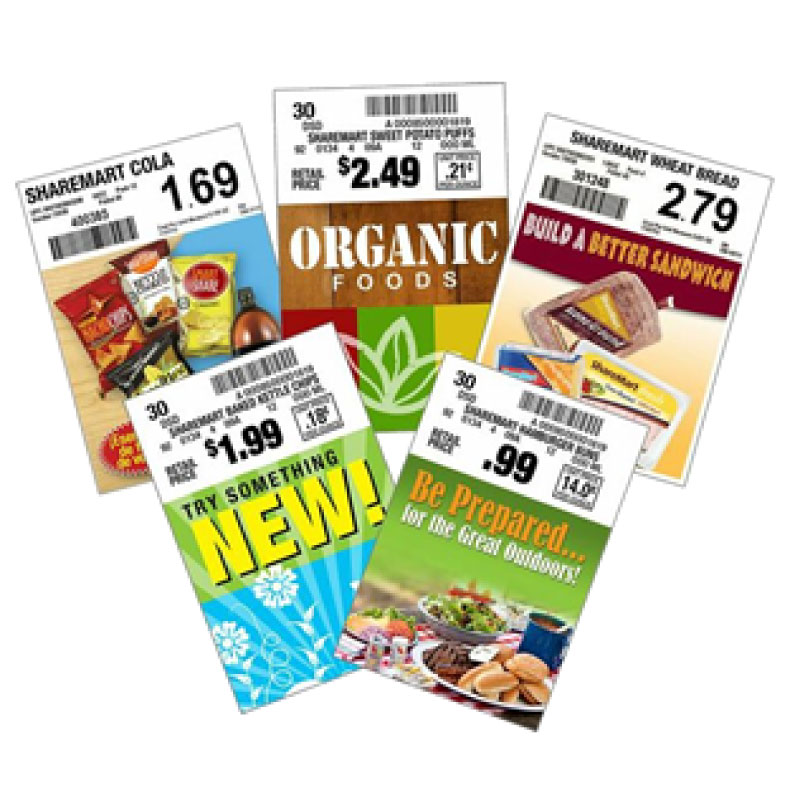 Close-up of a merchandised grocery shelf edge lined with price tags